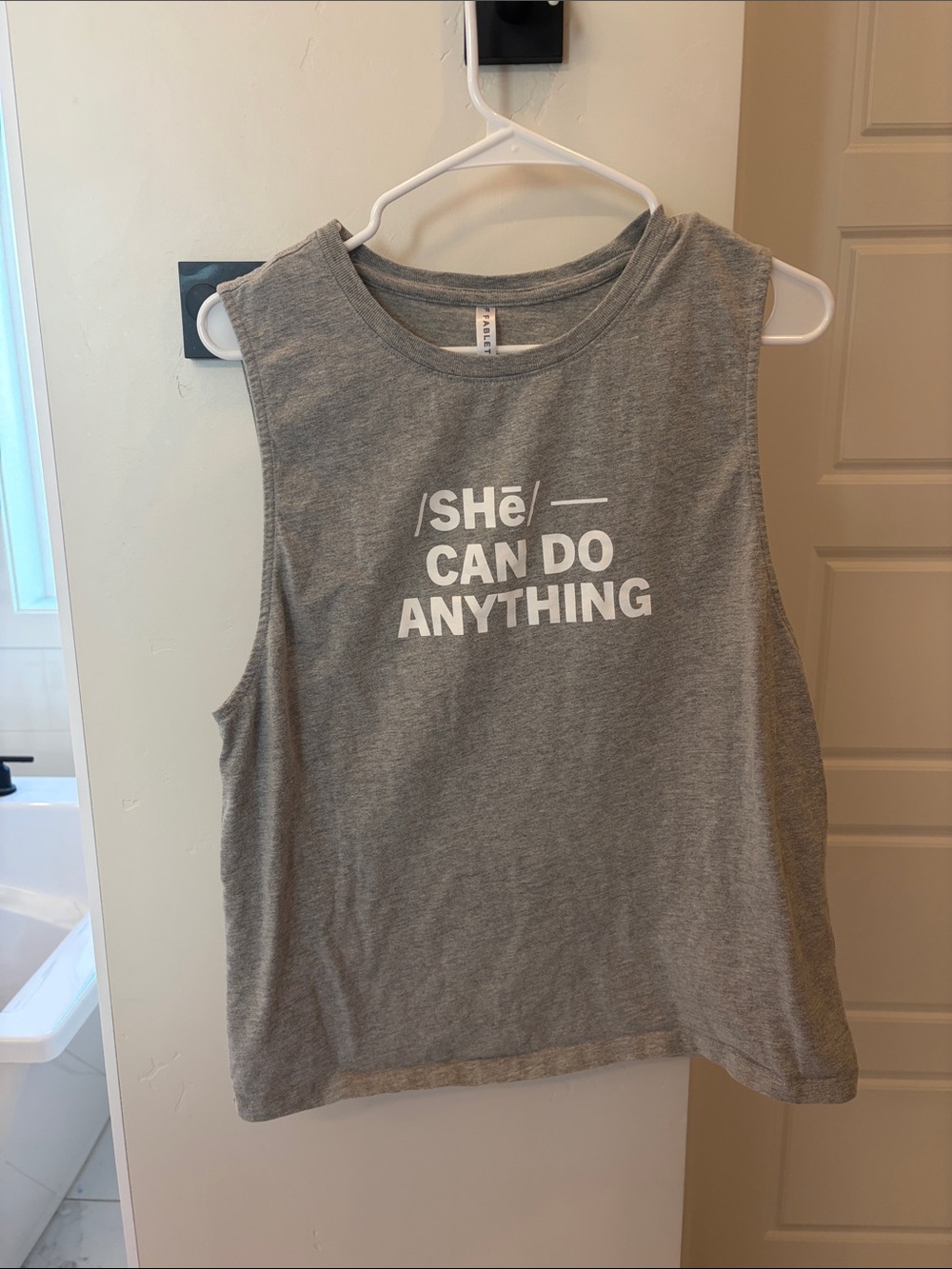 Fabletics Grey Graphic Muscle Tee - "She Can Do Anything"